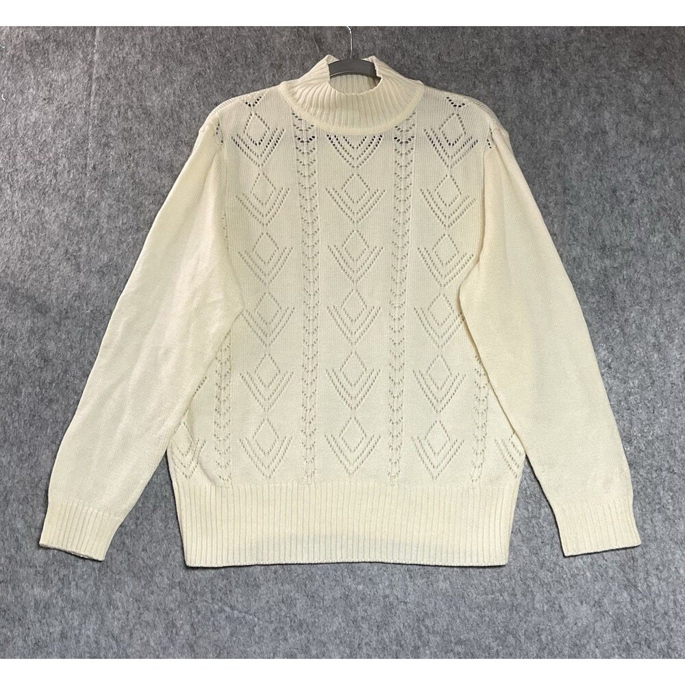 Vicki Wayne Sweater Womens Large Cream Mock Neck Pullover Argyle Vintage Y2K